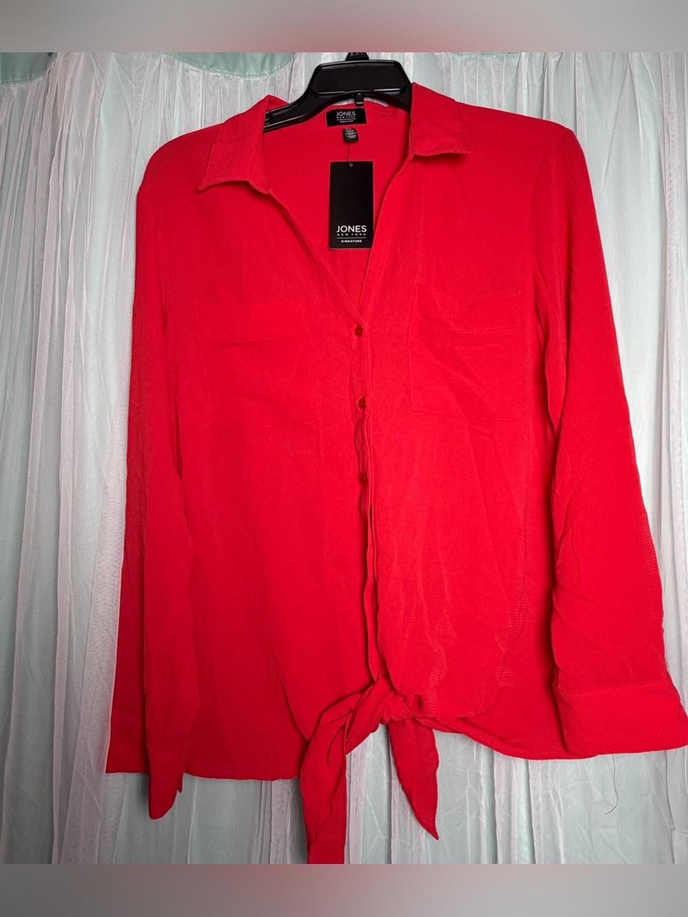 Jones New York Signature Red Tie Front Button Down Blouse Shirt XL NWT